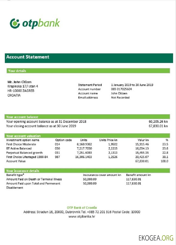 Relevé bancaire OTP de Croatie template